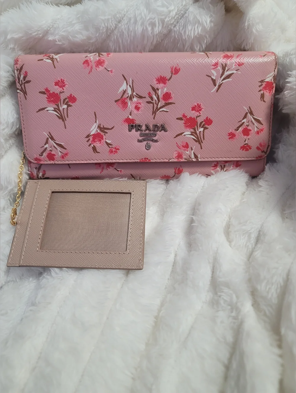 Prada Floral Continental Wallet made from pink Saffiano leather